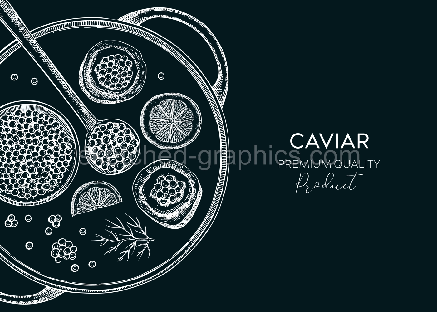 Hand drawn seafood platter in collage style. Canned caviar, red caviar canape, lemons - hand drawn food sketches for restaurant menu or finger food party. Sea delicacy vector background design Illustration